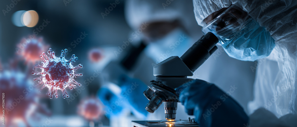 Poster scientists examining virus cells under microscopes in a laboratory environment with protective gear 