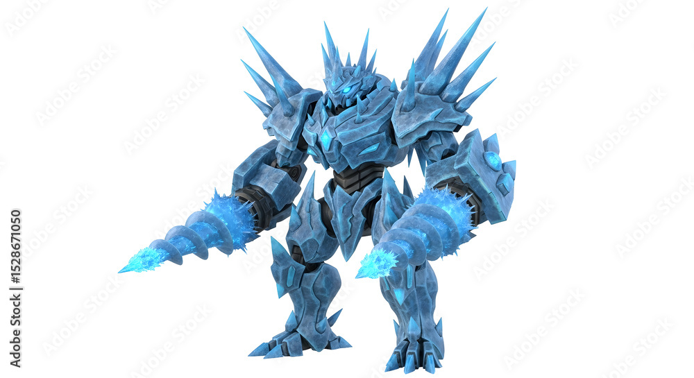Aufkleber frozen mechanical construct with ice armor and drill armatures set against a transparent background 