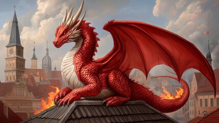 Red Dragon Perched on Rooftop Over Burning Medieval City