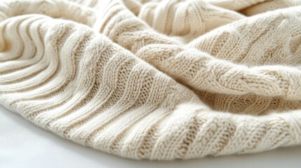 Close-up of a soft, cream-colored knitted fabric with textured ribbed pattern