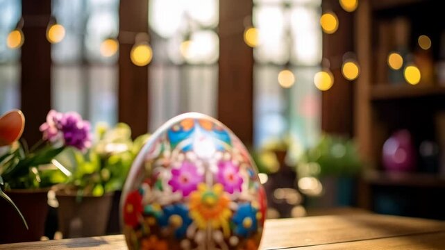 Decorated Easter egg with floral pattern on wooden table with blurred flowers and lights in the background