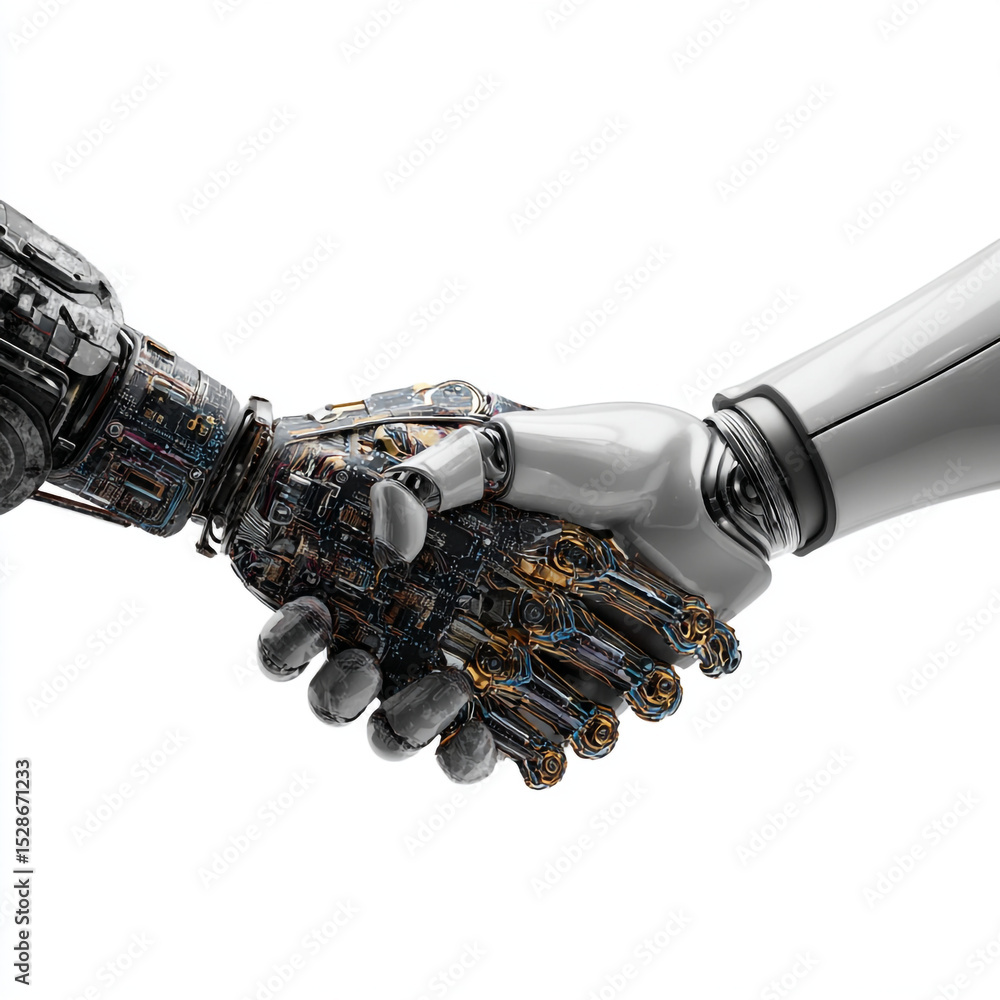 Poster a close up shot of two robotic arms engaged in a handshake against a stark white background in a stu