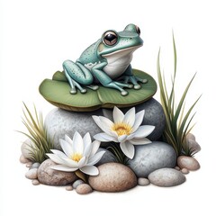 Teal Frog on Lily Pad with White Water Lilies and Stones