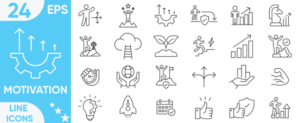 Motivation icon set.Successful business, growth, positive mindset trophy, success ladder, achievement, rocket launch, success, organization and more.Vector and illustrator set.
