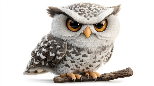 Stylized Grey and White Owl Perched on Branch