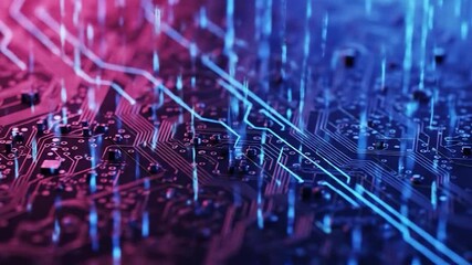 Close-up of a circuit board with vibrant blue and pink neon light trails illustrating data flow.  The image suggests high-speed digital processing and network communication - Powered by Adobe