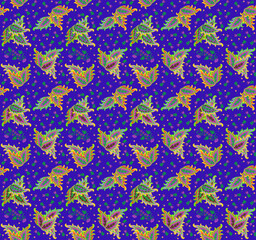 A colorful seamless pattern with paisley-shaped coleus leaves and small flowers, buds and branches with berries on a bright blue background. Beautiful boho print for fabric.