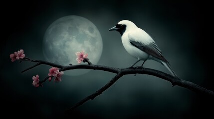 White Bird on Branch with Pink Blossoms Under Full Moon at Night