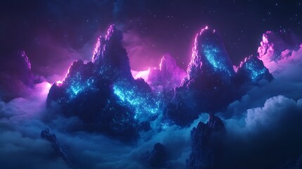 Illuminated mountain peaks rise above a sea of clouds.