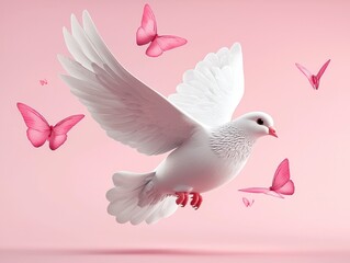 White Dove and Pink Butterflies in Flight Against a Pale Pink Background
