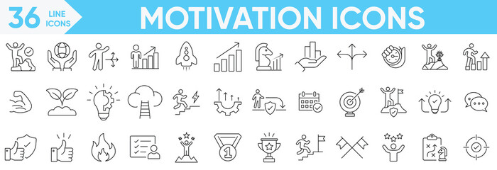 Motivation icon set.Successful business, growth, positive mindset trophy, success ladder, achievement, rocket launch, success, organization and more.Vector and illustrator set.