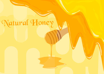 Dripping honey background. Cartoon liquid honey. Golden yellow honey syrup with honeycomb, drops and splashes. Flay lay of honey jar over liquid with honey dipper in 3d iFlat style Vector illustration