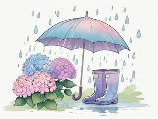 しっとり雨に包まれたアジサイの梅雨イメージのイラスト