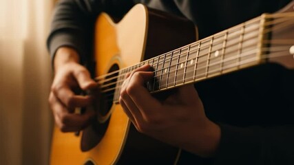 Close-up of a person's hands playing an acoustic guitar, fingers gently pressing the strings, the warm wood tones of the instrument highlighted against a blurred background