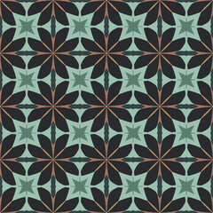 A geometric pattern of flowers, a copper-free pattern with black background, blue-green flowers, vector patterns, is used for wallpapers, fabrics and tiles.