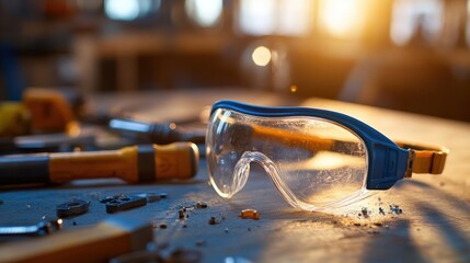 Industrial goggles resting on tools with warm sunset light casting shadows