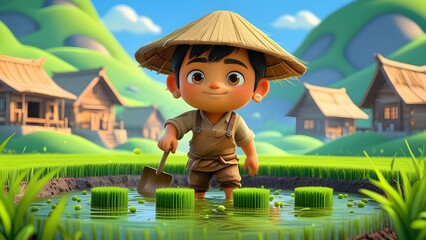 Adorable Asian boy plants rice seedlings idyllic village serene scene heartwarming art