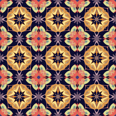 Seamless patterns, geometric flowers, dark purple background, pale purple, light green and red flowers. Vector patterns are used for wallpaper curtains and tiles.
