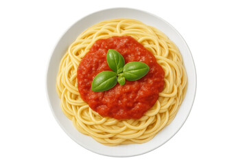 Pasta strands coated in rich tomato sauce, garnished with fresh basil leaves, resting on pristine white ceramic plate