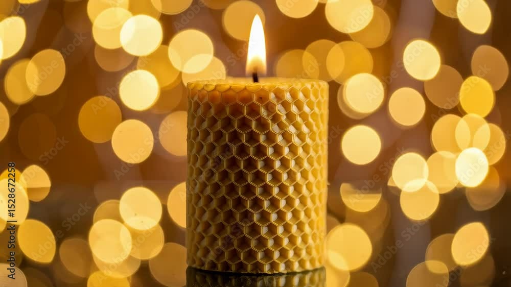 Poster burning beeswax candle casting a warm glow in the darkness with soft bokeh lights and geometric hone