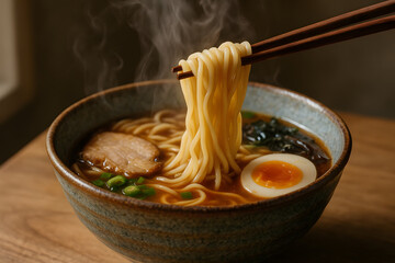 Authentic Ramen Noodle Soup with Toppings and Steam