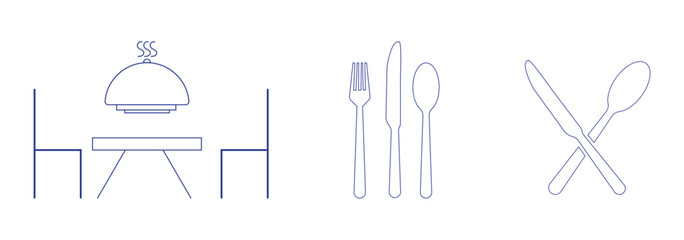 Spoon fork, knife, and plate icon. Cutlery icon set in line and flat style. Dinnerware icon symbol in the circle. Restaurant and Catering icon set sign and symbol. Vector illustration.