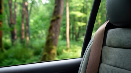 Interior view of seatbelt fastened, peaceful green park scene outside window