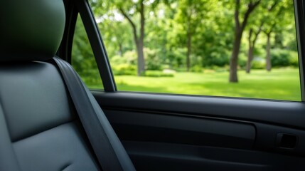 Interior view of seatbelt fastened, peaceful green park scene outside window
