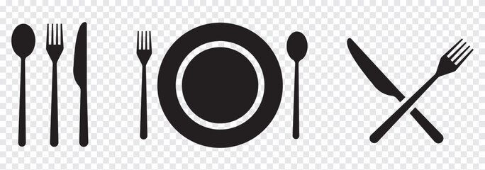 Spoon fork, knife, and plate icon. Cutlery icon set in line and flat style. Dinnerware icon symbol in the circle. Restaurant and Catering icon set sign and symbol. Vector illustration.