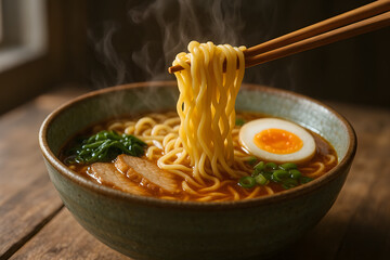 Authentic Ramen Noodle Soup with Toppings and Steam