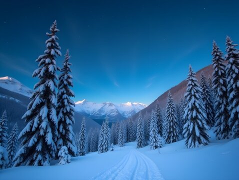 Majestic winter landscape with snow and stars ,