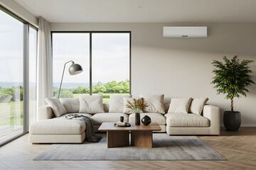 a wooden coffee table, A modern minimalist living room with a large window overlooking a green landscape,Energy efficient air conditioner with fresh natural in a modern living room, a cream-colored 