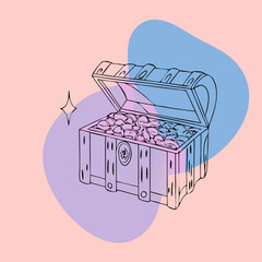 A linear illustration of a treasure chest with decorative patterns and pastel color fills, suitable for blogs on adventure, wealth, mystery, or history.
