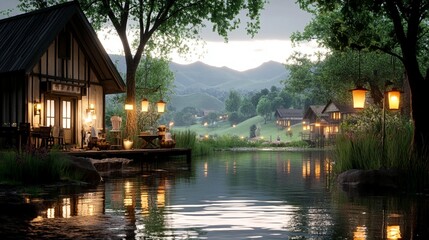 Obraz premium Cozy cabin by a tranquil lake, nestled amidst a picturesque village. Gentle evening light bathes the scene in warm hues