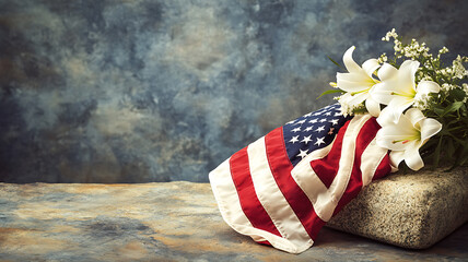 folding national american flag, folding military american flag, folded american flag, bouquet on a stone with an american flag as background decoration