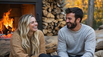 Couple laughing by a fireplace, enjoying autumn