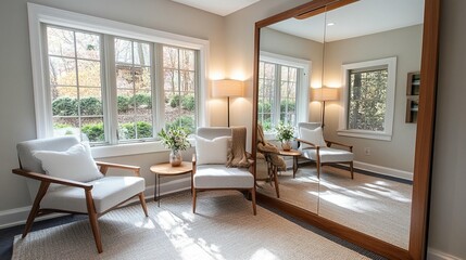 Cozy room with large windows, featuring light beige walls, wooden chairs, and a mirrored wardrobe
