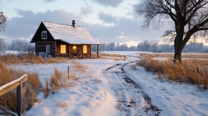 Cozy wooden house nestled in snowy field at dawn