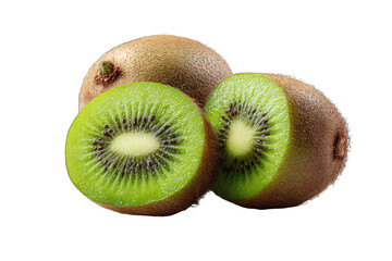 Obraz premium Fresh kiwi fruit, whole and halved, vibrant green flesh, brown skin