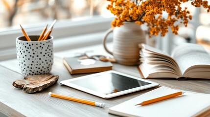 Cozy workspace with books, tablet, and stationery.  Yellow flowers add a touch of warmth