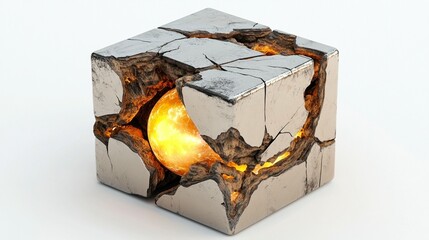 Cracked metallic cube with glowing orb inside