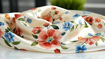 Cream silk fabric draped, featuring a floral print of pink and blue flowers