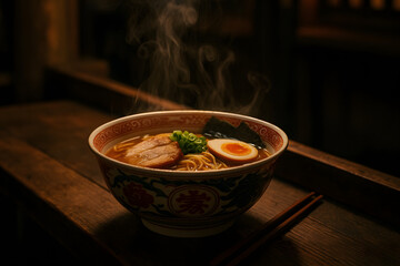 Authentic Ramen Noodle Soup with Toppings and Steam