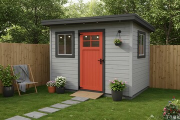 a black roof,Small modern garden shed gray exterior red door ADU,Small modern garden shed with a gray exterior and red door,serving as an ADU or stylish backyard retreat,modern shed with gray siding,