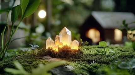 Crystal city nestled in mossy forest, glowing softly
