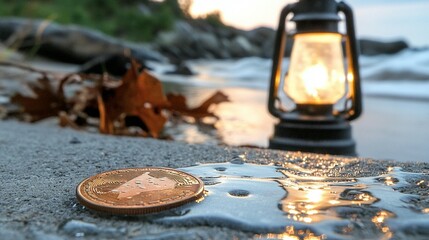 Crypto coin on wet sand near a vintage lantern at sunrise