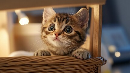 Curious kitten peering from a wicker basket, lit by warm light
