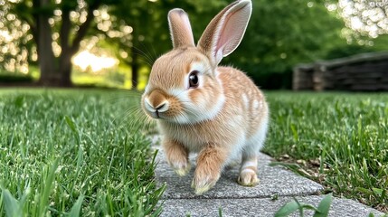 Cute baby bunny hopping on grass and pavement