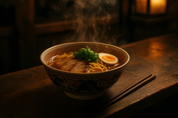 Authentic Ramen Noodle Soup with Toppings and Steam