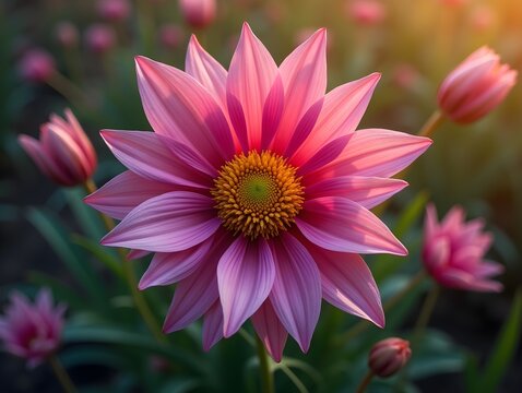Ophiopogon on a vibrant background, photorealistic top view Ophiopogon flower